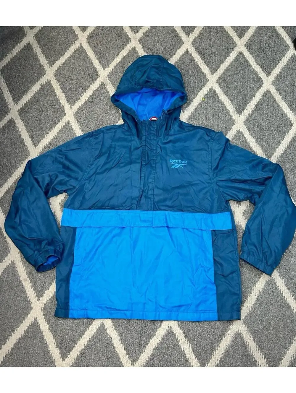 REEBOK Anorak Half Zip Hooded Windbreaker Jacket Men's Size Large Teal Blue